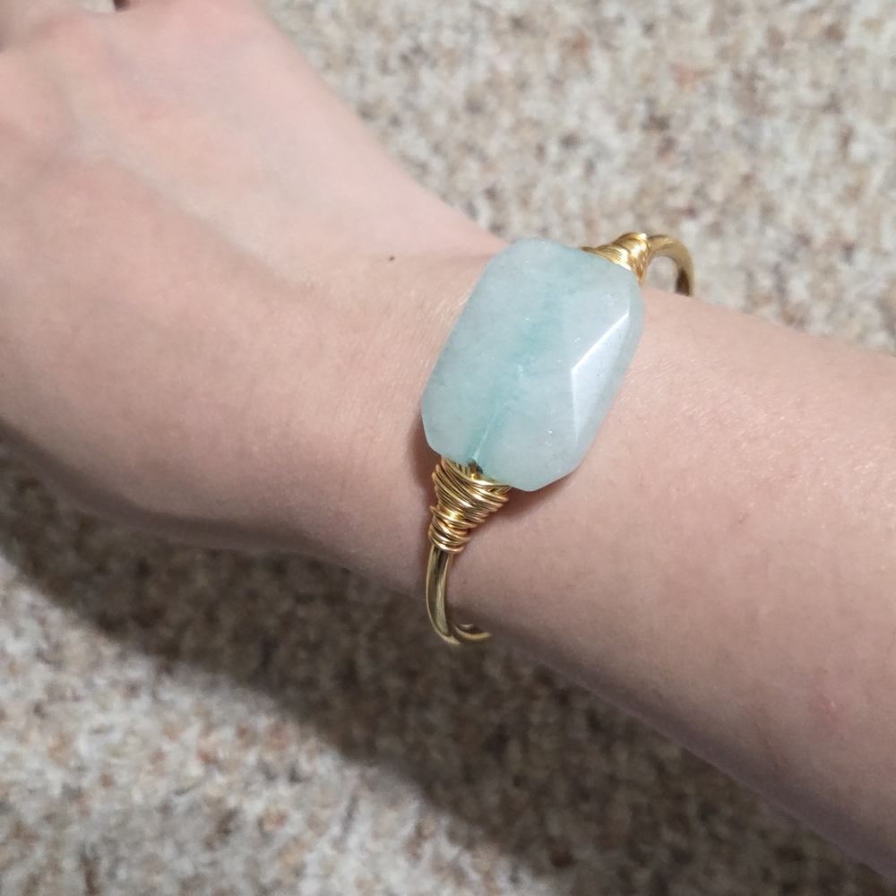 Elegant Gold and Blue Green Gemstone Cuff Bracelet - Picture 5 of 7